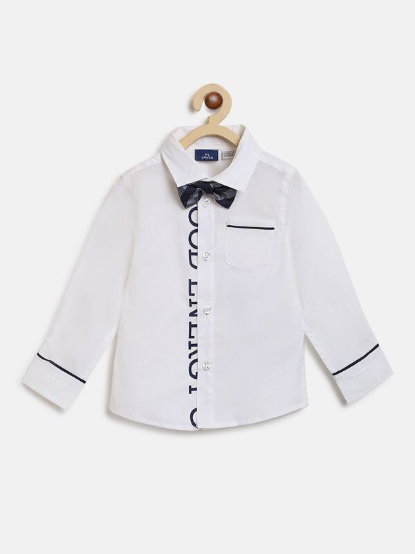 Long Sleeve Poplin  Shirt - White , With Bow image number null